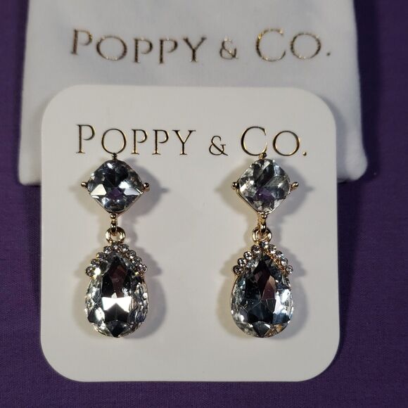 Poppy & Co. Clear Glass Rhinestone Crystal Earrings, Gold Plated, New in bag - Picture 1 of 14